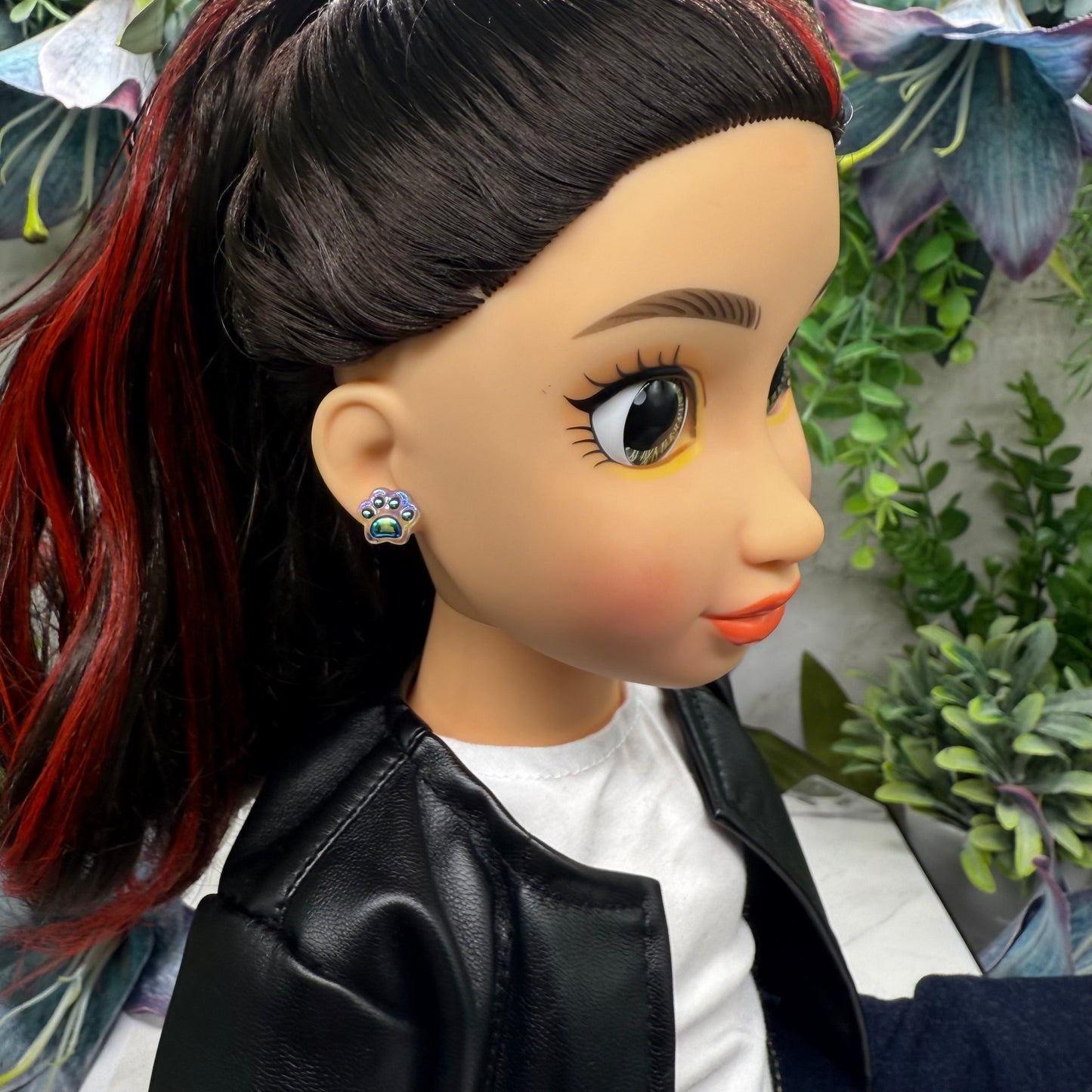 Dark Blue Iridescent Acrylic Paw Print Doll Earrings • 18 Inch Fashion Doll Jewelry