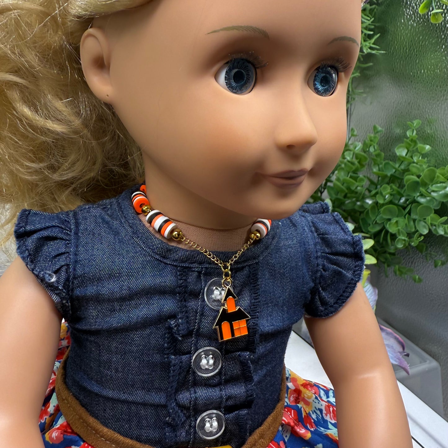 Haunted House Halloween Charm Silicone Disc Beads on Gold Chain Doll Necklace • 18 Inch Fashion Doll Jewelry