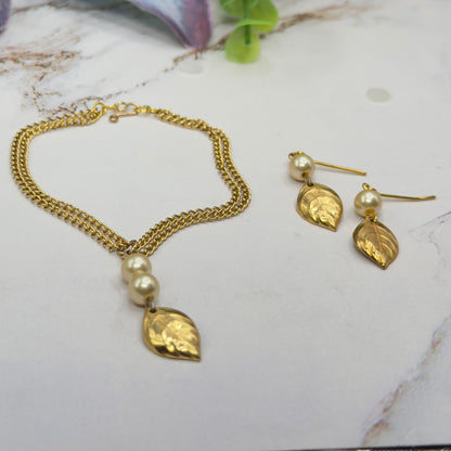 Gold Leaf & Pearl Dangle Doll Necklace & Earrings Set • 18 Inch Fashion Doll Jewelry