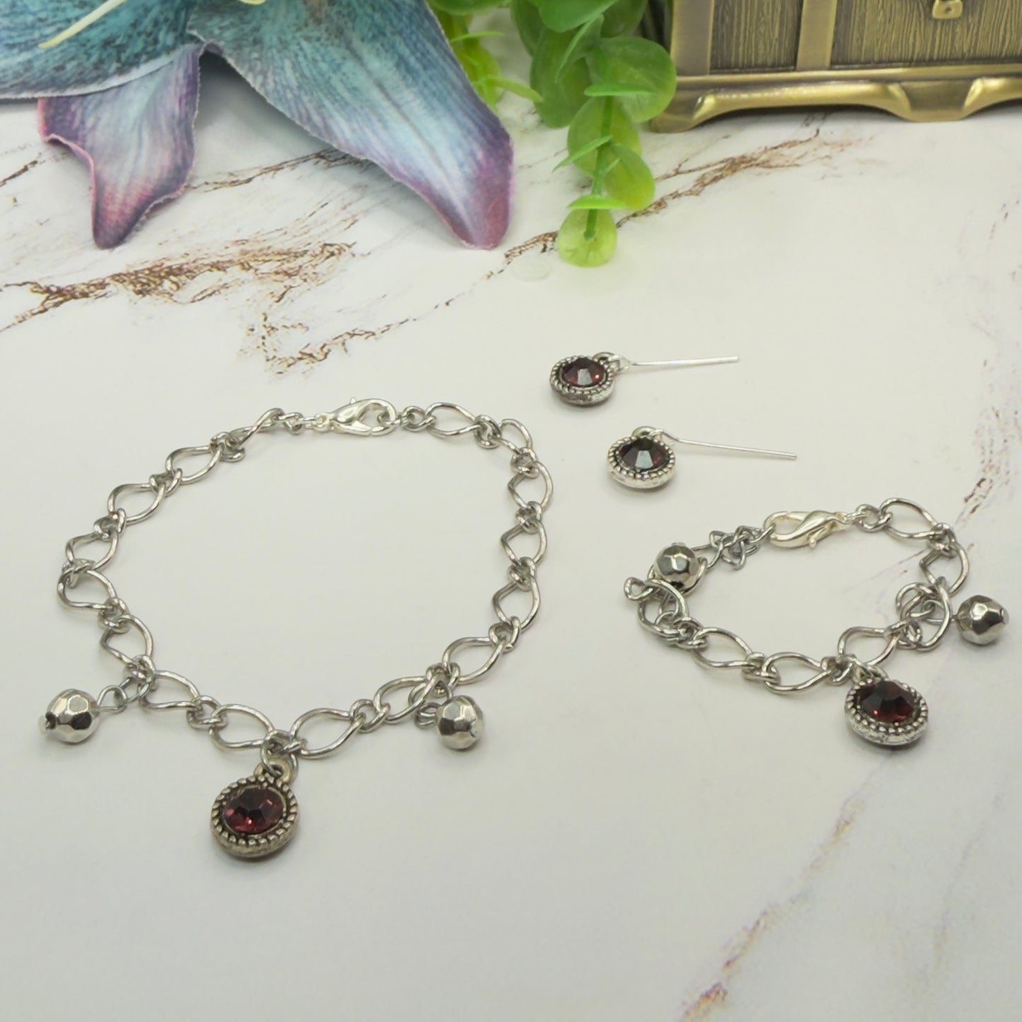 Purple Rhinestone Round Dangle Doll Necklace Bracelet & Earrings Set • 18 Inch Fashion Doll Jewelry