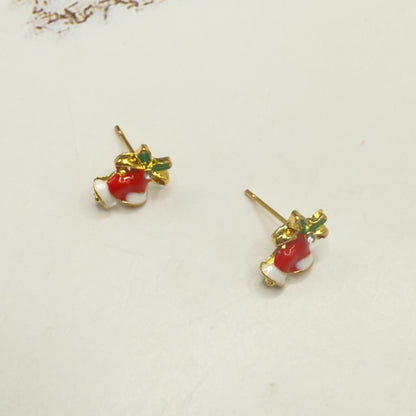 Red White Enamel Gold Metal Christmas Bell Post Earrings • 18 Inch Fashion Doll Jewelry
