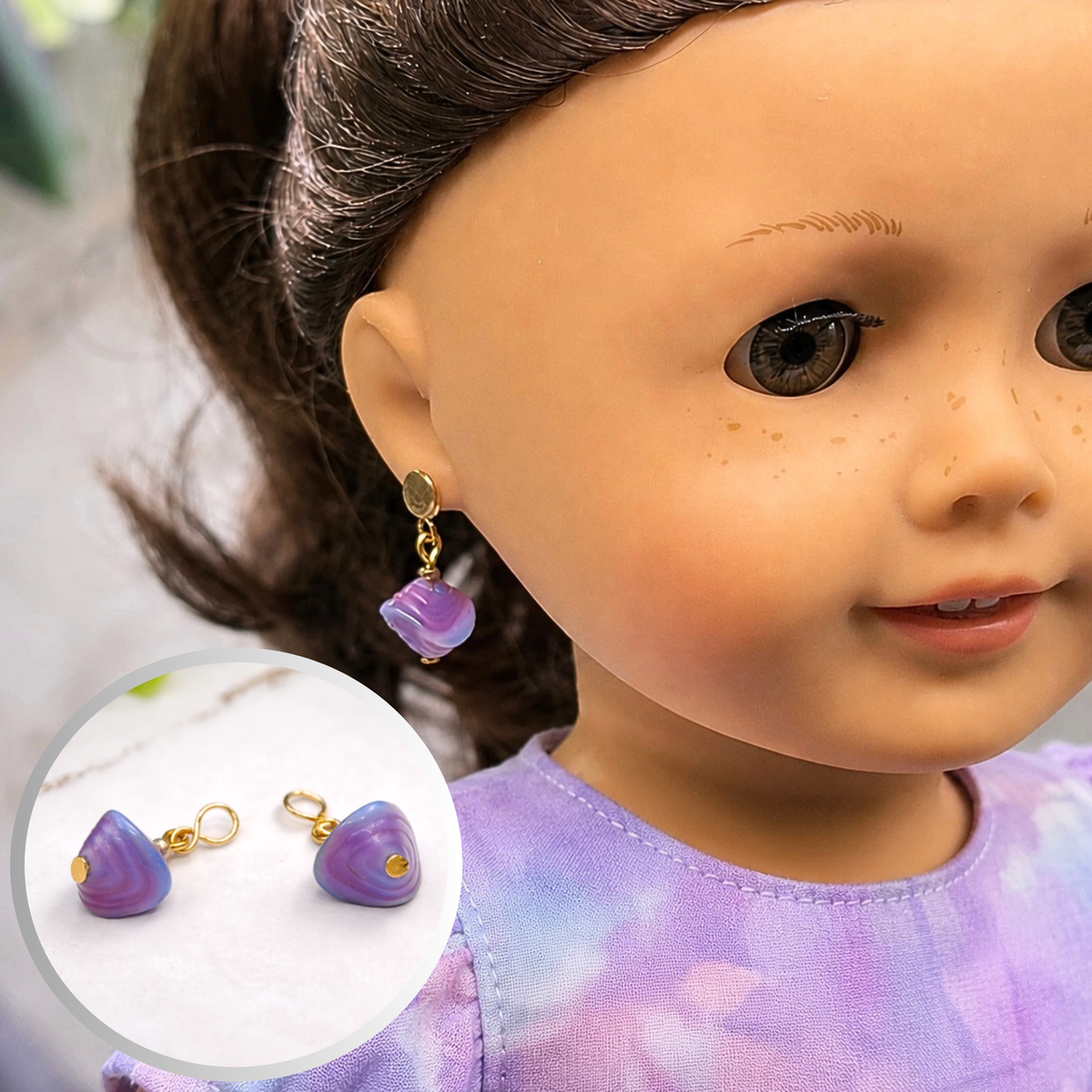 ✨Handmade Doll Earring Dangles (fit 2mm earring posts) for popular 18 Inch Fashion Dolls ✨Purple Blue Swirl Glass Drop Gold Doll Earrings - DANGLE ONLY - fits 2mm post