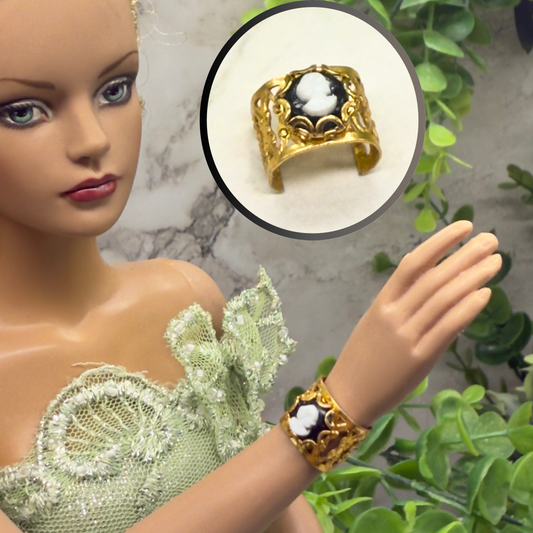Black & White Cameo Gold Filigree Cuff Doll Bracelet • 16” Fashion Doll Jewelry
