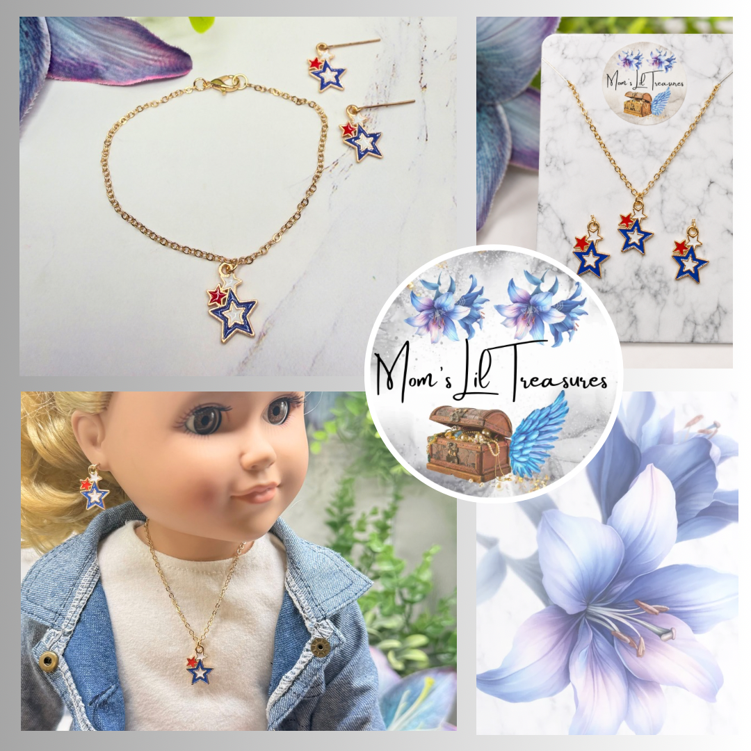 Red White Blue Multi Star Charm Doll Necklace & Earrings Set for 18 Inch Fashion Doll