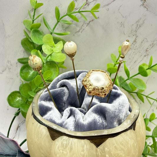 ✨ Handmade Vintage-Inspired Hatpin | Stick Pin | Hat Accessory | Sweater & Hijab Pin | Decorative Jewelry Gift for Her ✨

Set of 4 Stick Pins: Faux Pearl Multi Shape Gold Tone Filigree Ornate Design
