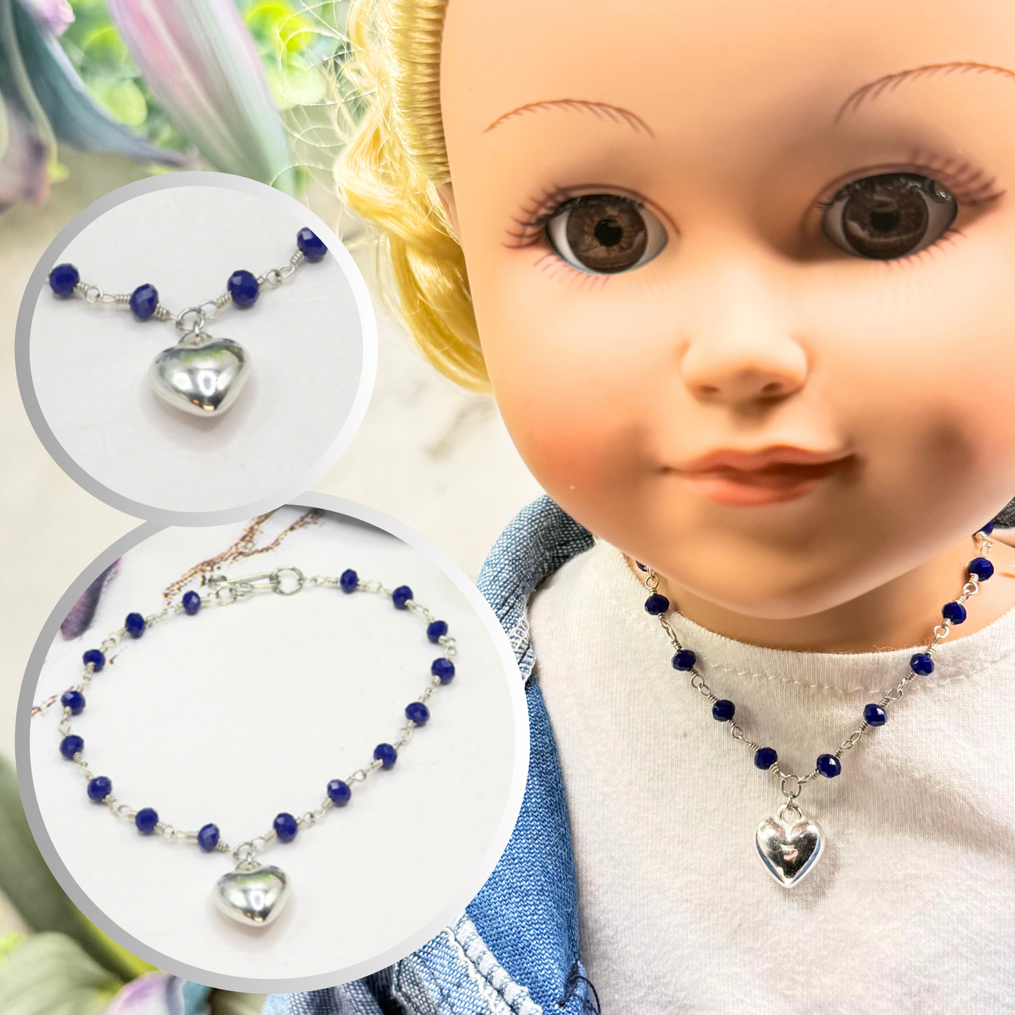 Blue Crystal Beaded Silver Heart Charm Doll Necklace • 18 Inch Fashion Doll Jewelry