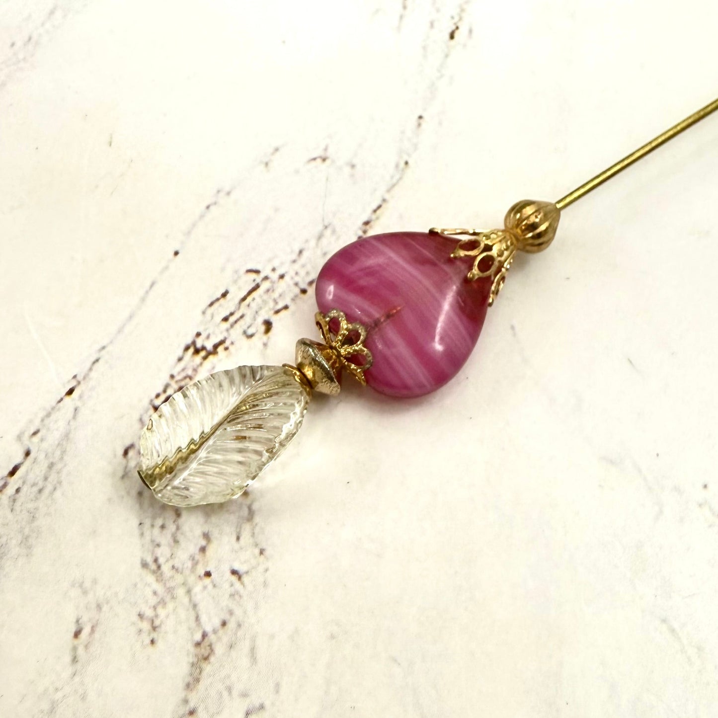 Pink Swirl Design Glass Heart Clear Leaf Top Gold Filigree - 6 Inch • Hatpin - Stick Pin