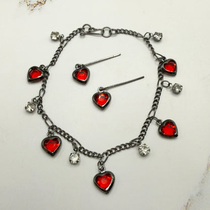 Red Rhinestone Heart Dangles Gunmetal Chain Doll Necklace & Earrings Set • 18 Inch Fashion Doll Jewelry