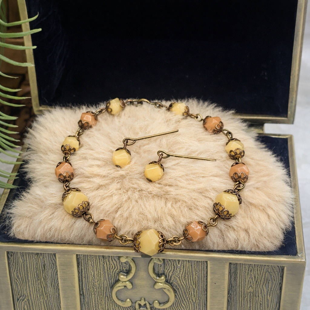 Brown Beige Bead Bronze Filigree Necklace Earrings Set for 18-22” Vintage Doll