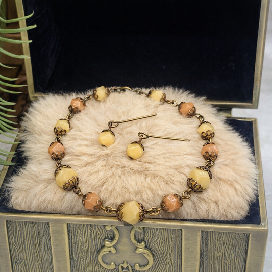 Brown Beige Bead Bronze Filigree Necklace Earrings Set for 18-22” Vintage Doll