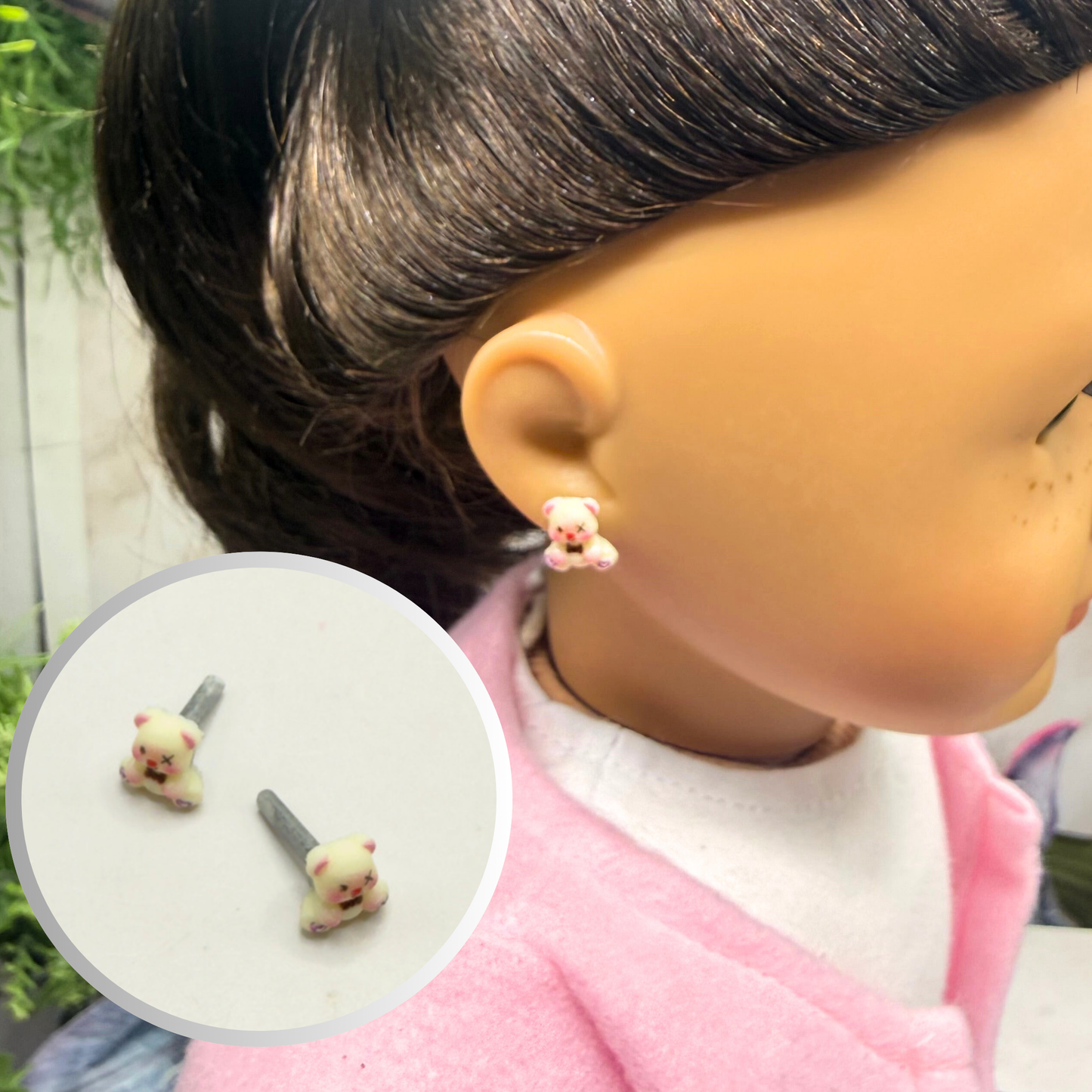 Teddy Bear Bow Tie Purple Heart Paws Post Doll Earrings • 2mm Post for 18 Inch Fashion Doll