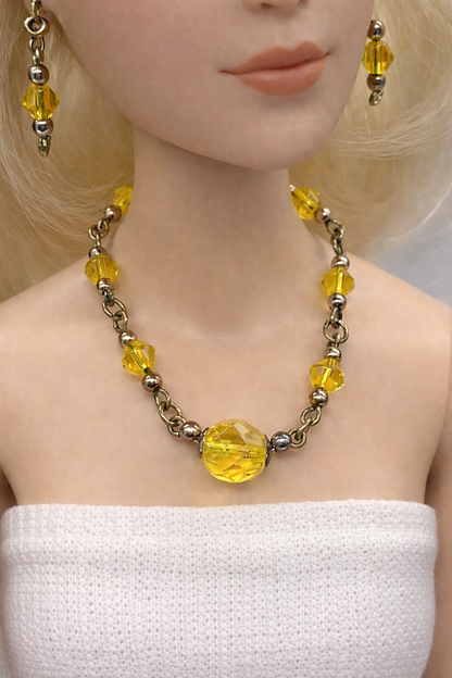 Light Yellow Glass Crystal Doll Necklace Earring Set • 16” Fashion Doll Jewelry
