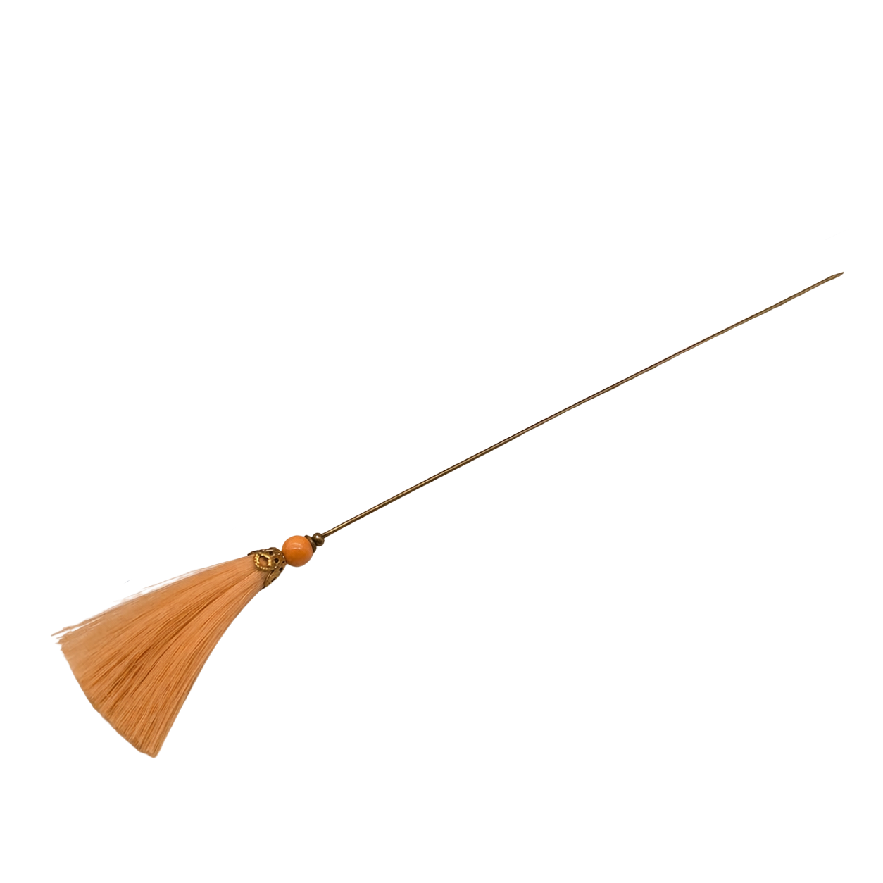 Peach Orange Fiber Tassel Broom Gold Tone Filigree • 7.25” Hatpin - Stick Pin