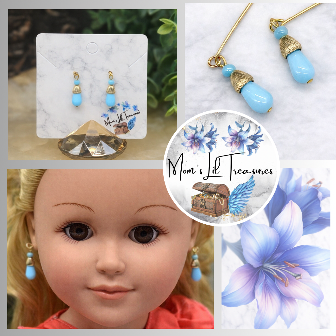 Light Blue Glass Gold Tone Dangle Doll Earrings for 18 Inch Fashion Doll Jewelry • Doll Accessories
