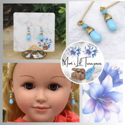 Light Blue Glass Gold Tone Dangle Doll Earrings for 18 Inch Fashion Doll Jewelry • Doll Accessories