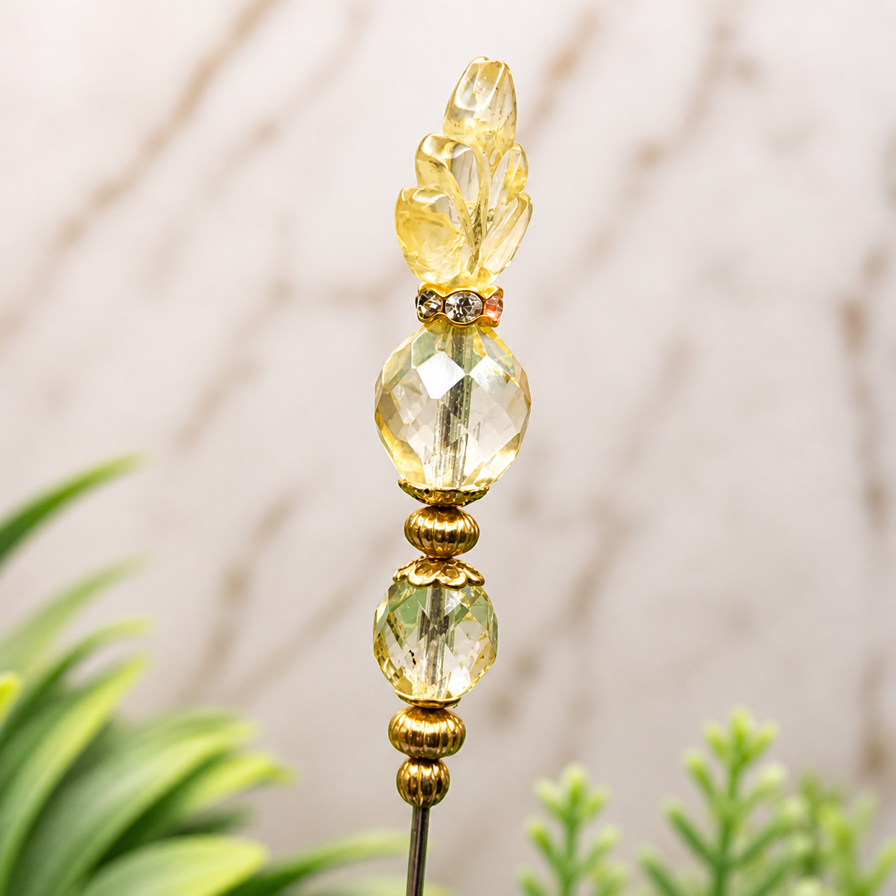 Light Yellow Glass Leaf Crystal Beaded - 6.25” Pin • Hatpin - Stick Pin
