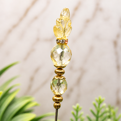 Light Yellow Glass Leaf Crystal Beaded - 6.25” Pin • Hatpin - Stick Pin