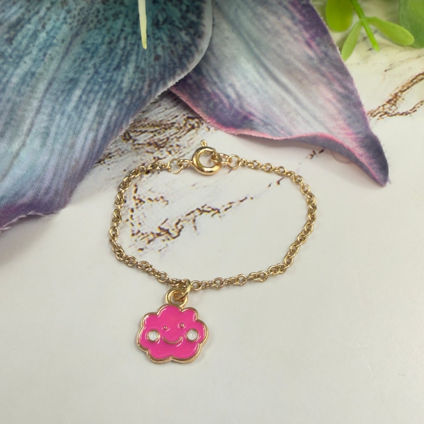 Pink Enamel Smiling Happy Cloud Charm Gold Doll Necklace • 14 Inch Fashion Doll Jewelry