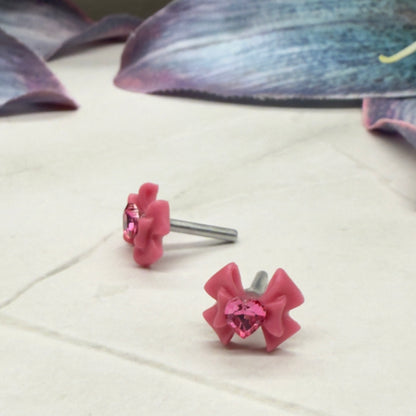 Pink Bow Heart Rhinestone 2mm Post Doll Earrings • fits 18 Inch Fashion Dolls