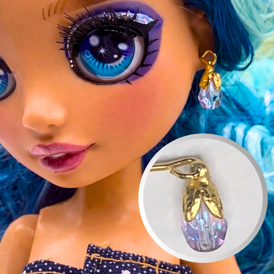 Aurora Borealis Faceted Glass Teardrop Dangle Doll Earrings •10-12” Fashion Doll Jewelry