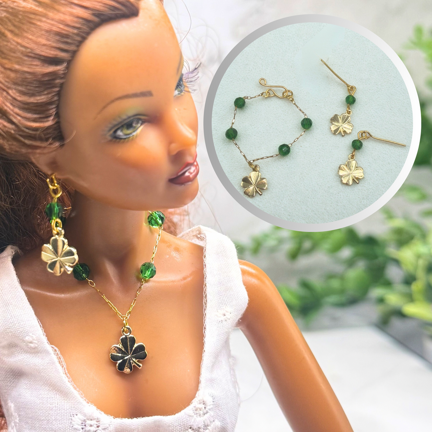Green Bead Gold Four-Leaf Clover Doll Necklace & Earrings • 16 Inch Fashion Doll Jewelry