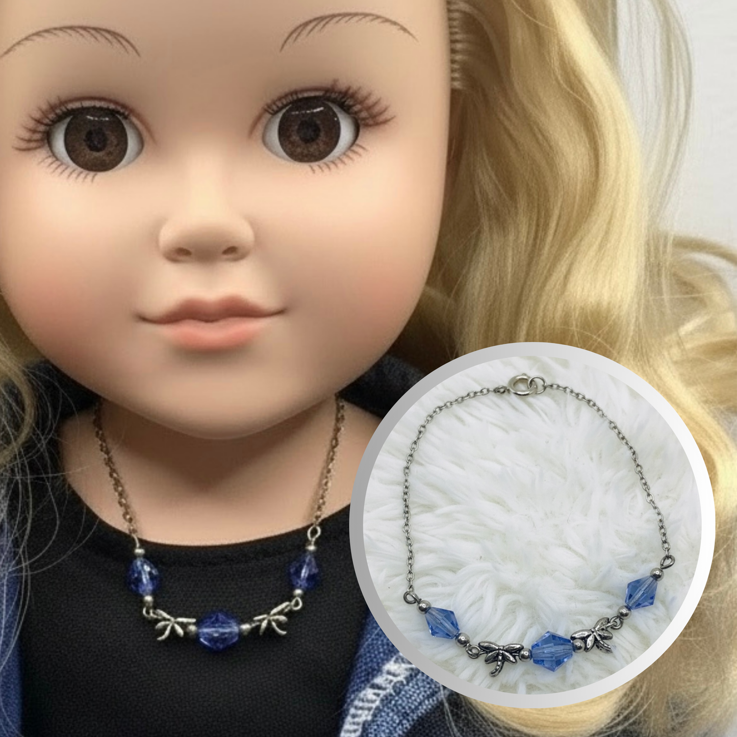 Silver Dragonfly Charms Blue Glass Crystal Doll Necklace • 18 inch Fashion Doll Jewelry