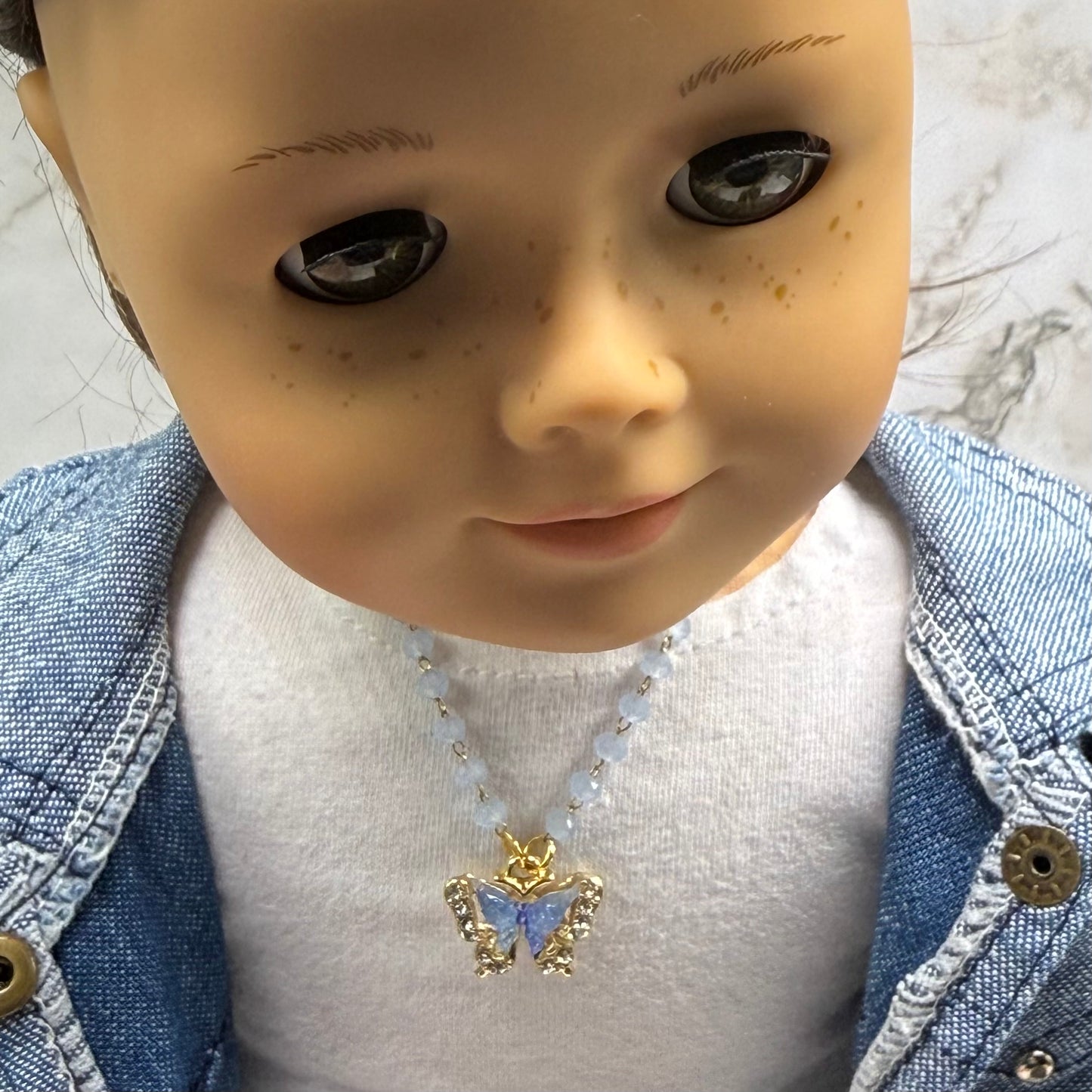 Blue Butterfly Rhinestone Accent Pendant Blue Glass Beaded Doll Necklace • 18 Inch Fashion Doll Jewelry