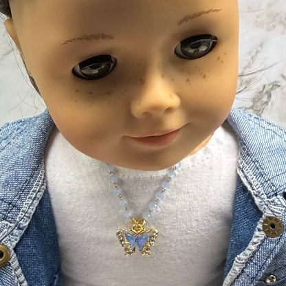 Blue Butterfly Rhinestone Accent Pendant Blue Glass Beaded Doll Necklace • 18 Inch Fashion Doll Jewelry