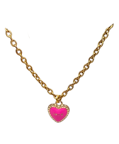Pink LOVE Heart Charm Gold Chain Doll Necklace • 18 Inch Fashion Doll Jewelry