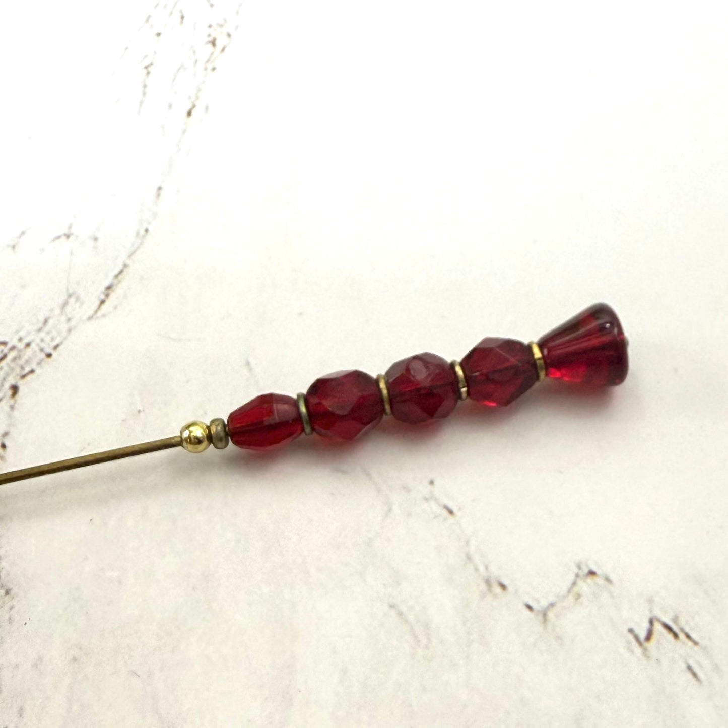 Ruby Red Faceted Glass Crystal Stacked Bead Hatpin Gold Tone Accents • 6 Inch