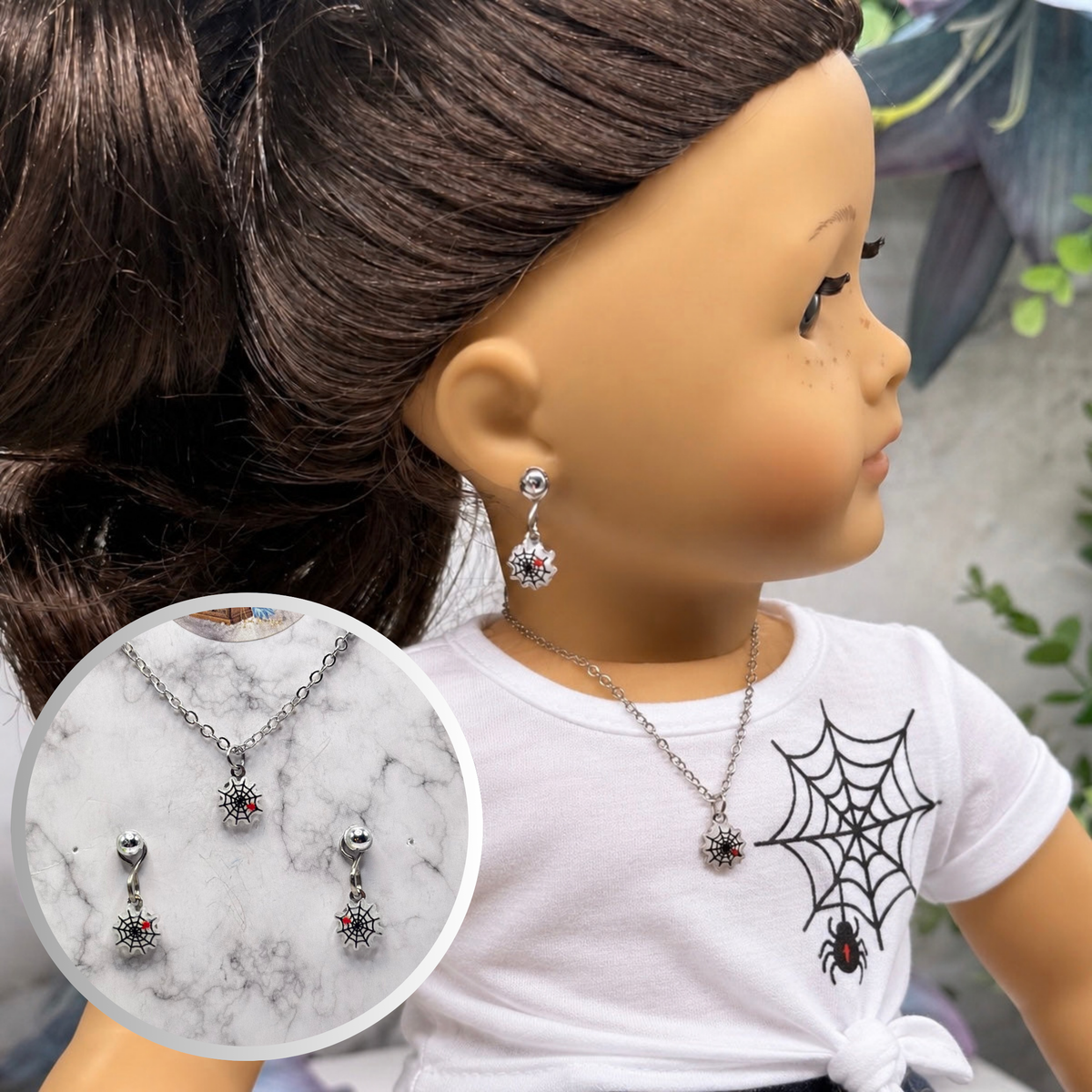 Spider Web Halloween Necklace and 2mm Post Earrings Set | for 18 Inch Dolls • American Girl