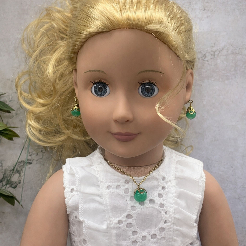 Green Glass Drop Pendant Doll Necklace Earrings Set for 18 Inch Doll Jewelry Accessory