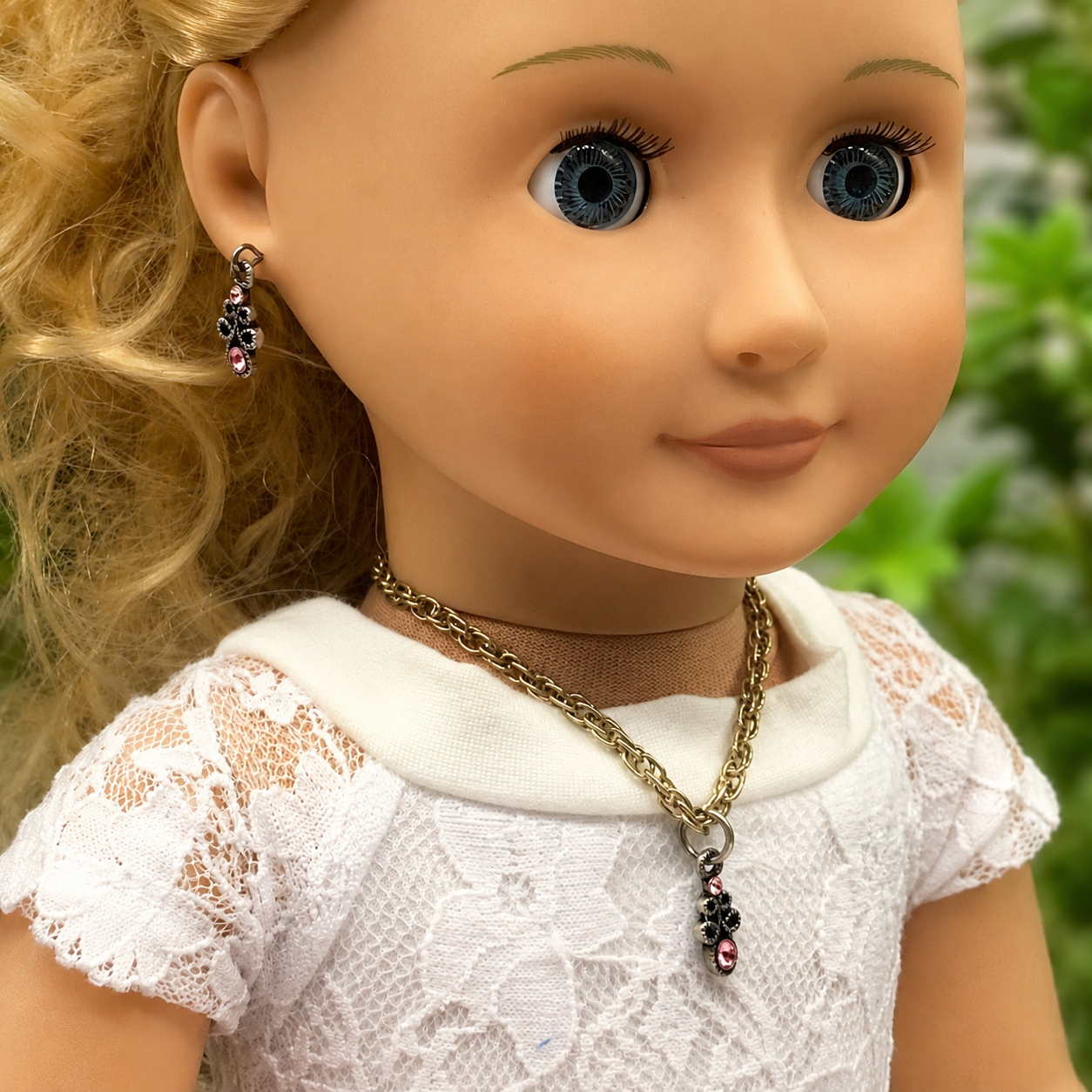 Pink Rhinestone Gun Metal Design Doll Necklace Earring Set • 18” Doll Jewelry