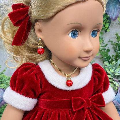 Red Pearly Christmas Ornament Charm Doll Necklace & Earrings Set • 18 Inch Fashion Doll Jewelry