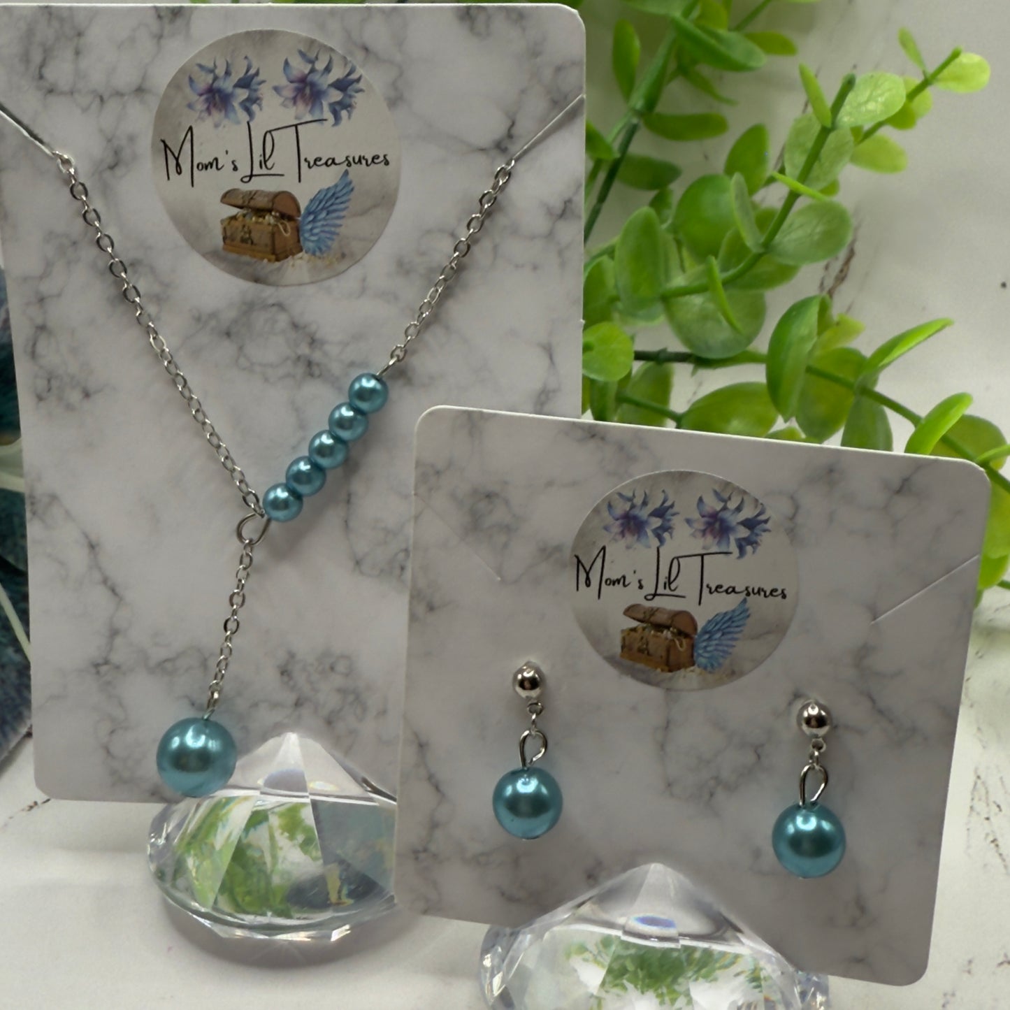 Turquoise Dusty Blue Pearl Drop Necklace & Earrings Set • 18 Inch Fashion Doll Jewelry