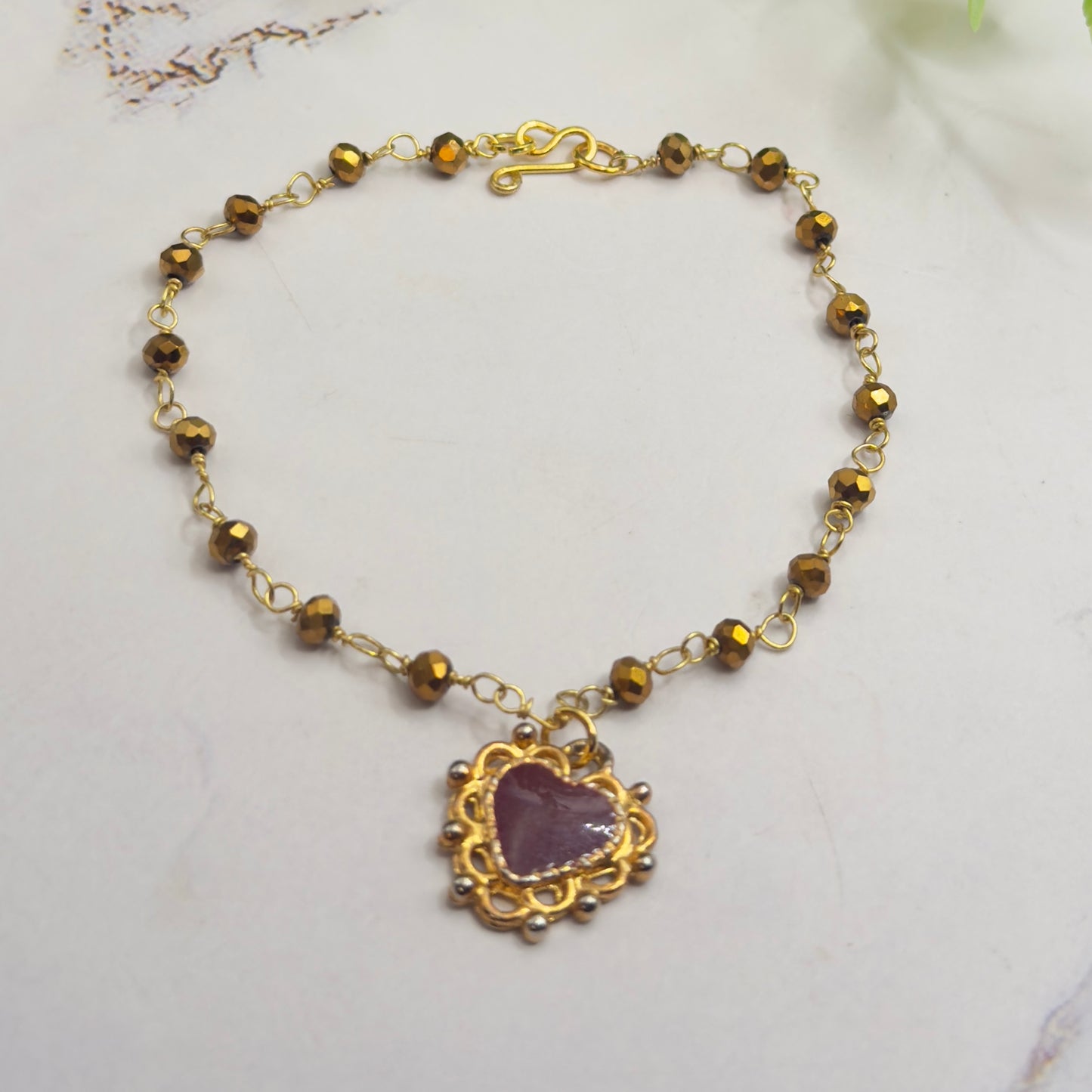 Gold Bronze Glass Crystal Beaded Maroon Red Heart Pendant Doll Necklace • 18 Inch Fashion Doll Jewelry