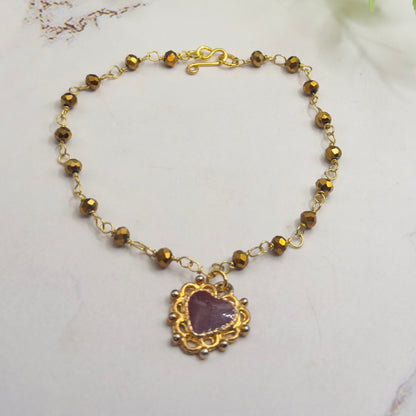 Gold Bronze Glass Crystal Beaded Maroon Red Heart Pendant Doll Necklace • 18 Inch Fashion Doll Jewelry