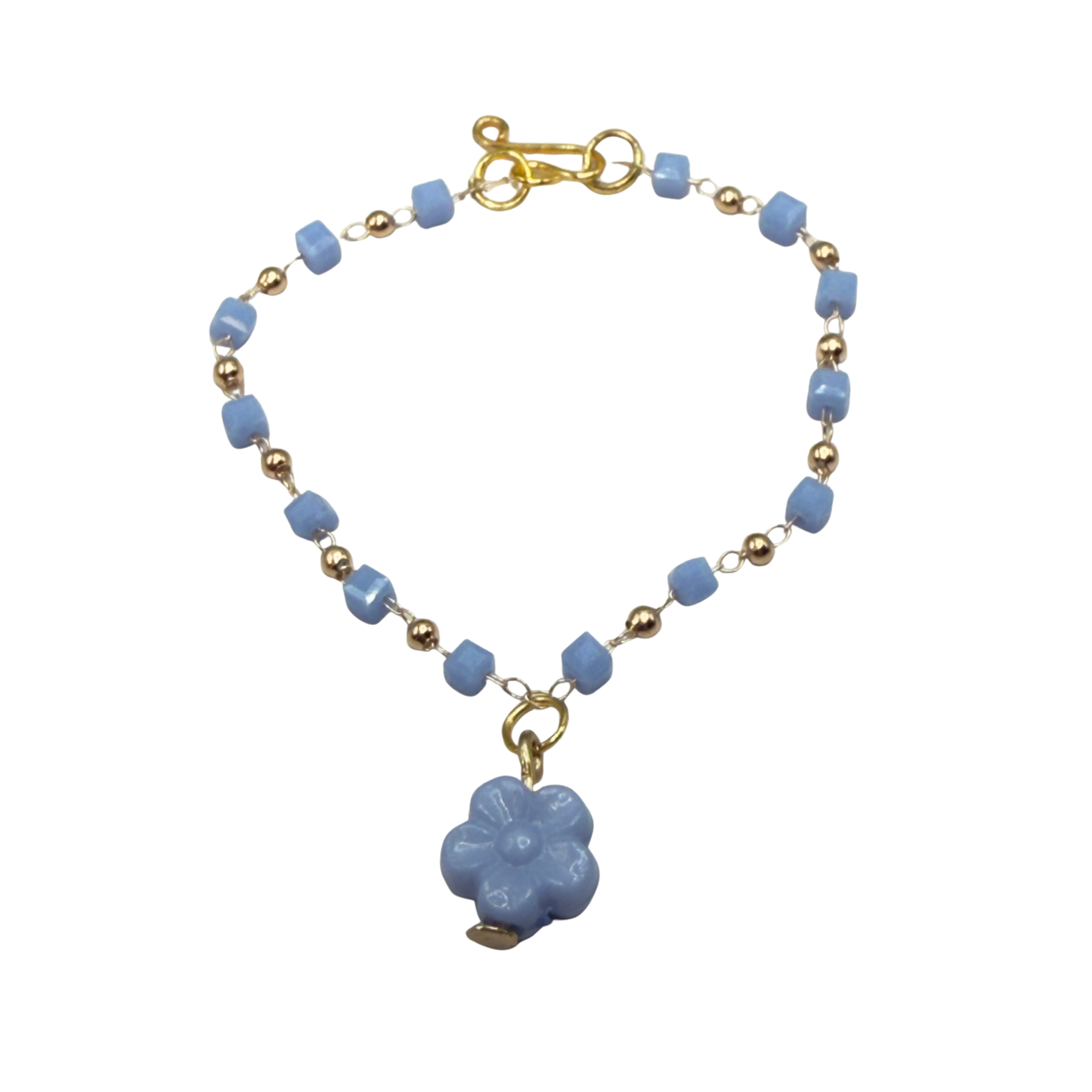 Blue Flower Charm Blue Square & Gold Beaded Doll Necklace • 14 Inch Fashion Doll Jewelry