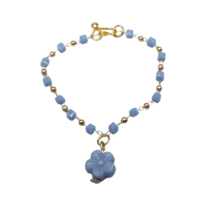 Blue Flower Charm Blue Square & Gold Beaded Doll Necklace • 14 Inch Fashion Doll Jewelry