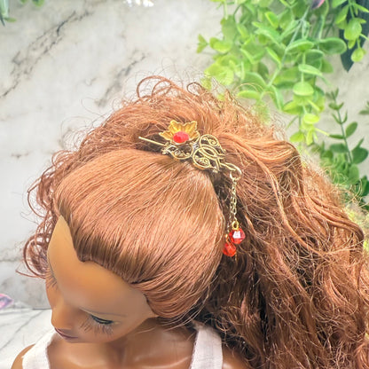Red Rhinestone Crystal Dangles Bronze Brass Tone Metal Filigree Flower Design Doll Hair Stick • 14-18” Fashion Dolls • Doll Hair Accessories da