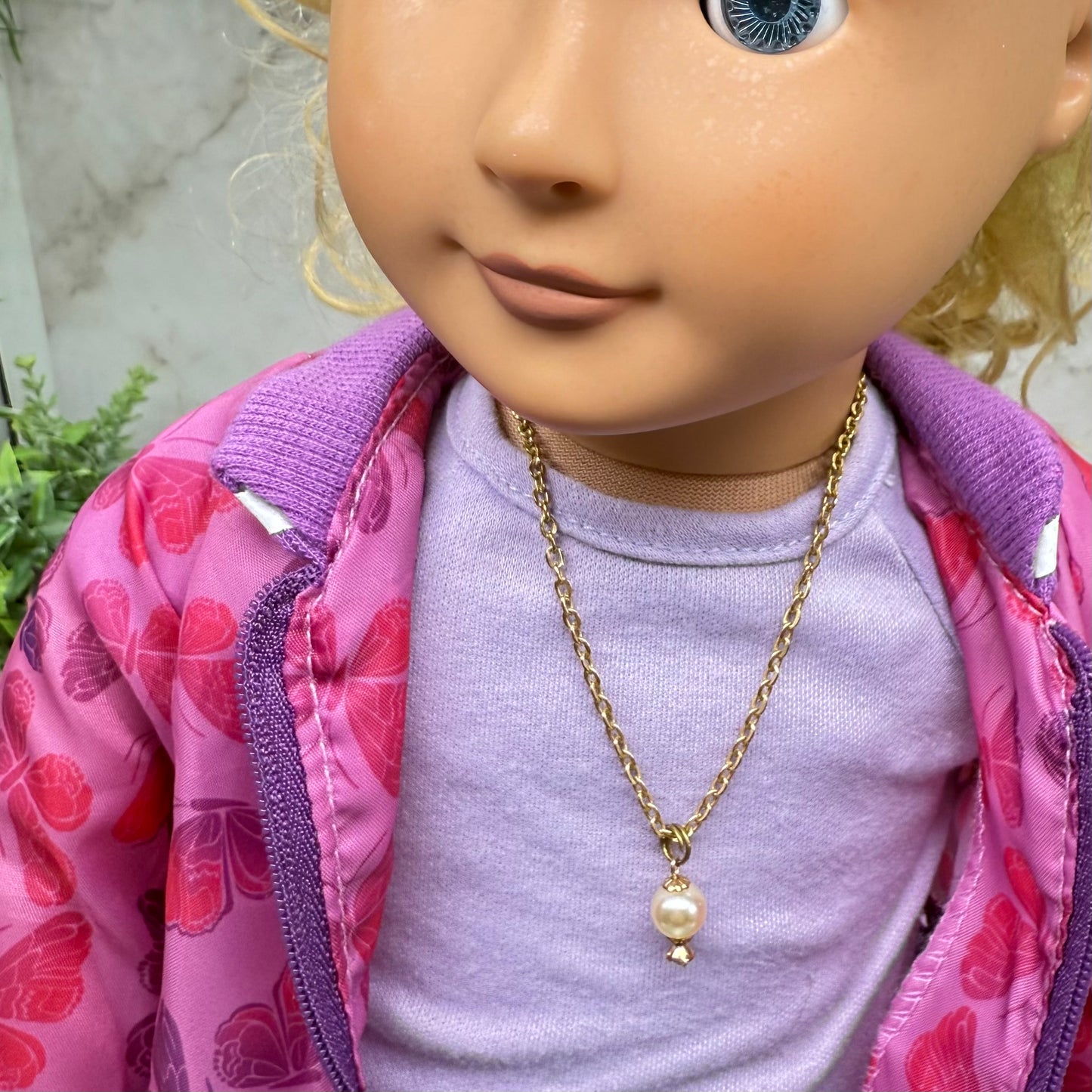 Pearl Drop Light Purple Rhinestone Gold Chain Doll Necklace • 18 Inch Fashion Doll Jewelry