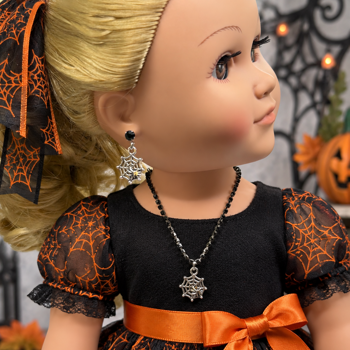 Halloween Silver Spider Web Black Rhinestone Necklace & Earrings Set | for 18 Inch Fashion Doll