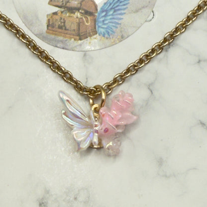 Pink & White Acrylic Butterfly Roses Charm Gold Chain Doll Necklace • 14 Inch Fashion Doll Jewelry