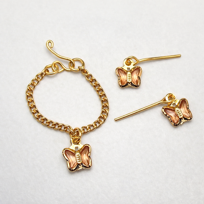 Peach Pink Crystal Butterfly Gold Chain Doll Necklace & Earrings • 10-12 Inch Fashion Doll Jewelry 1:6