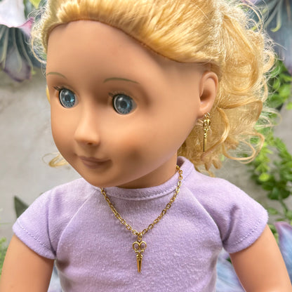 Gold Vintage Style Scissors Charm Doll Necklace & Earrings Set • 18 Inch Fashion Doll Jewelry
