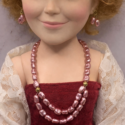 Light Purple Pearl Doll Necklace Earring Set • 18-22 Inch Vintage Doll Jewelry