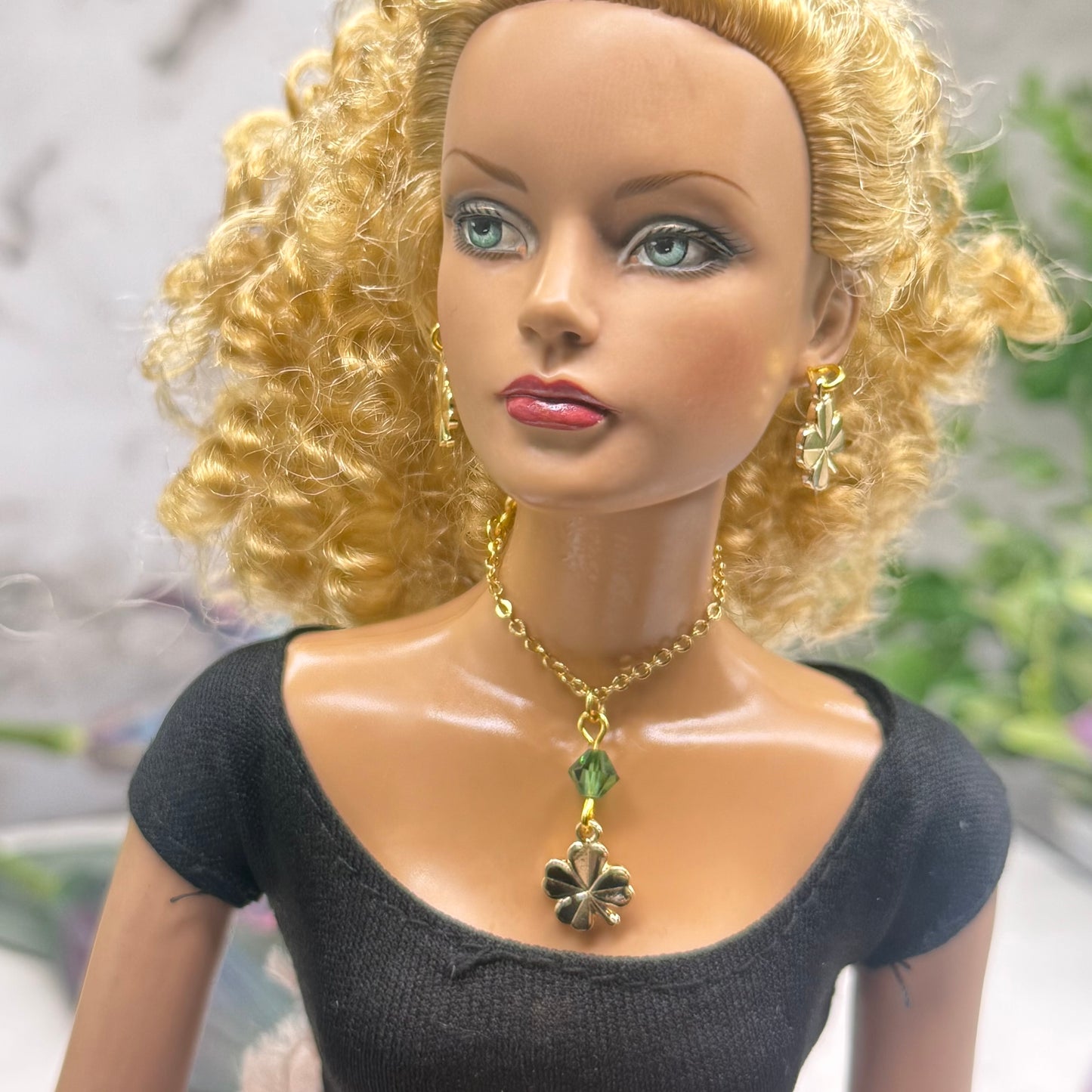 Clover Charm Green Crystal Pendant Gold Chain Doll Necklace • 16 Inch Fashion Doll Jewelry