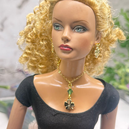 Clover Charm Green Crystal Pendant Gold Chain Doll Necklace • 16 Inch Fashion Doll Jewelry