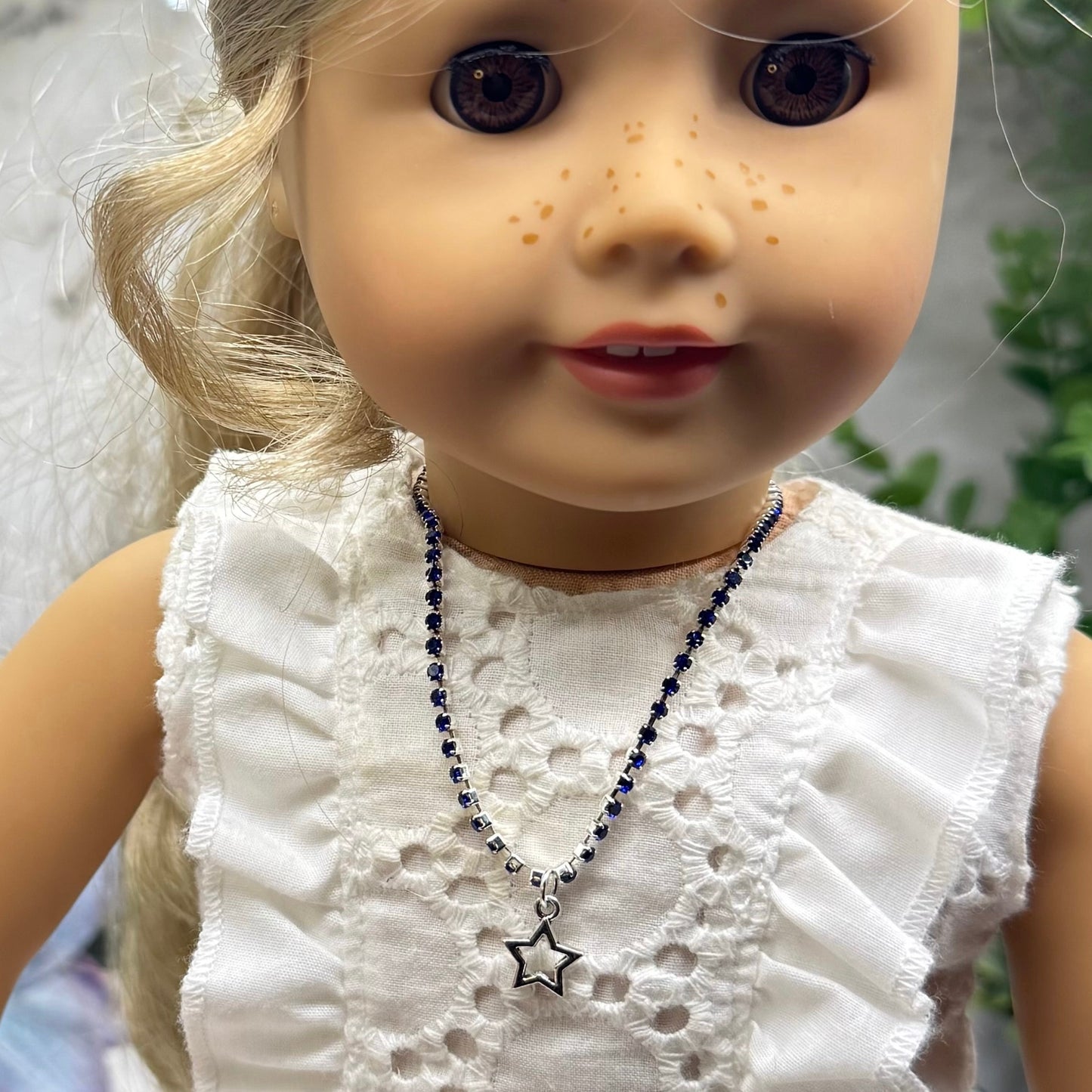 Blue Rhinestone Silver Star Charm Doll Necklace for 18 Inch Fashion Doll