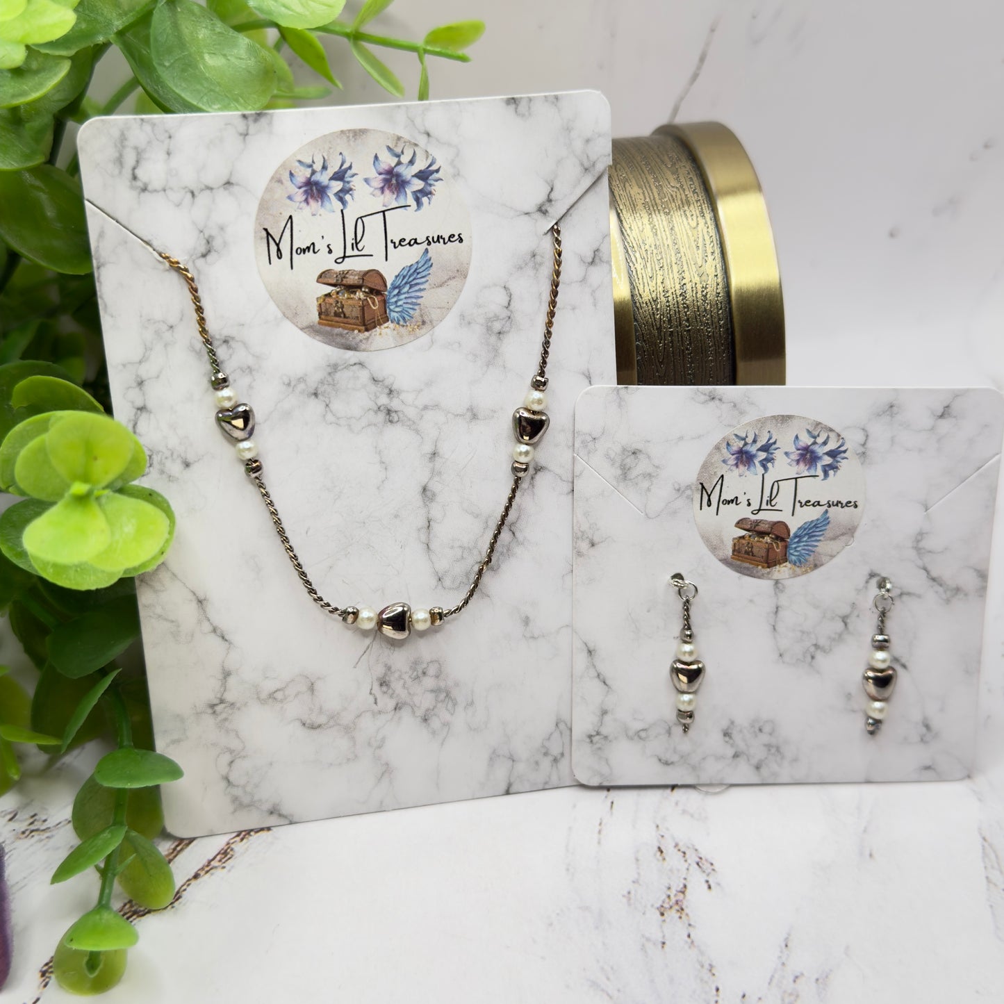Silver Heart & Pearl Beaded Doll Necklace & Earrings Set • 18 Inch Fashion Doll Jewelry